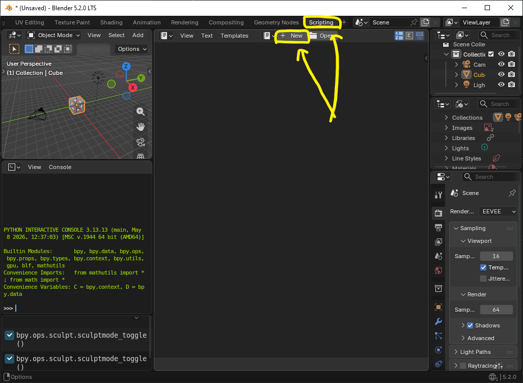 Blender Scripting tab and the New button