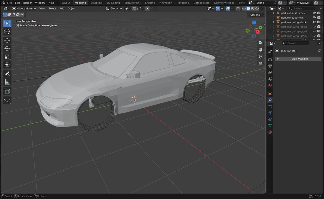 The S15 body in Blender, with the gauge wheels sitting in the wheel arches