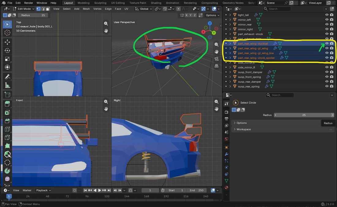 Four rear wing part objects overlapping inside the S15 model in Blender, all visible in the outliner